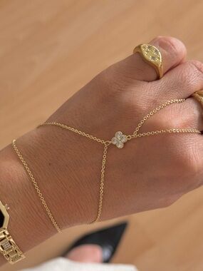 14K Gold Plated Rhodium Clover Hand Chain, CZ Flower Slave Bracelet